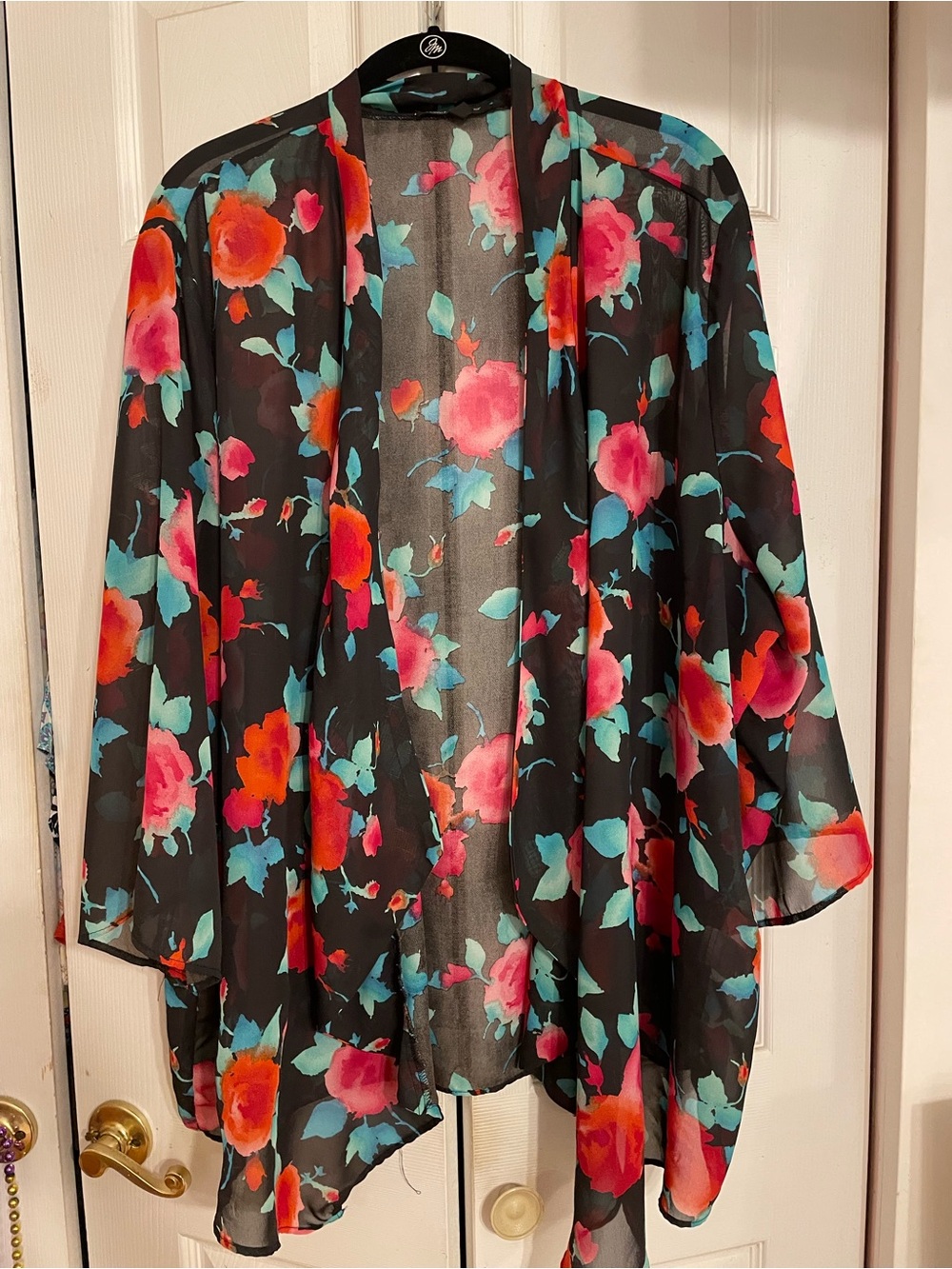 Slinky Brand Sheer Black Kimono with Red & Pink & Greenish Blue Floral Print 3X